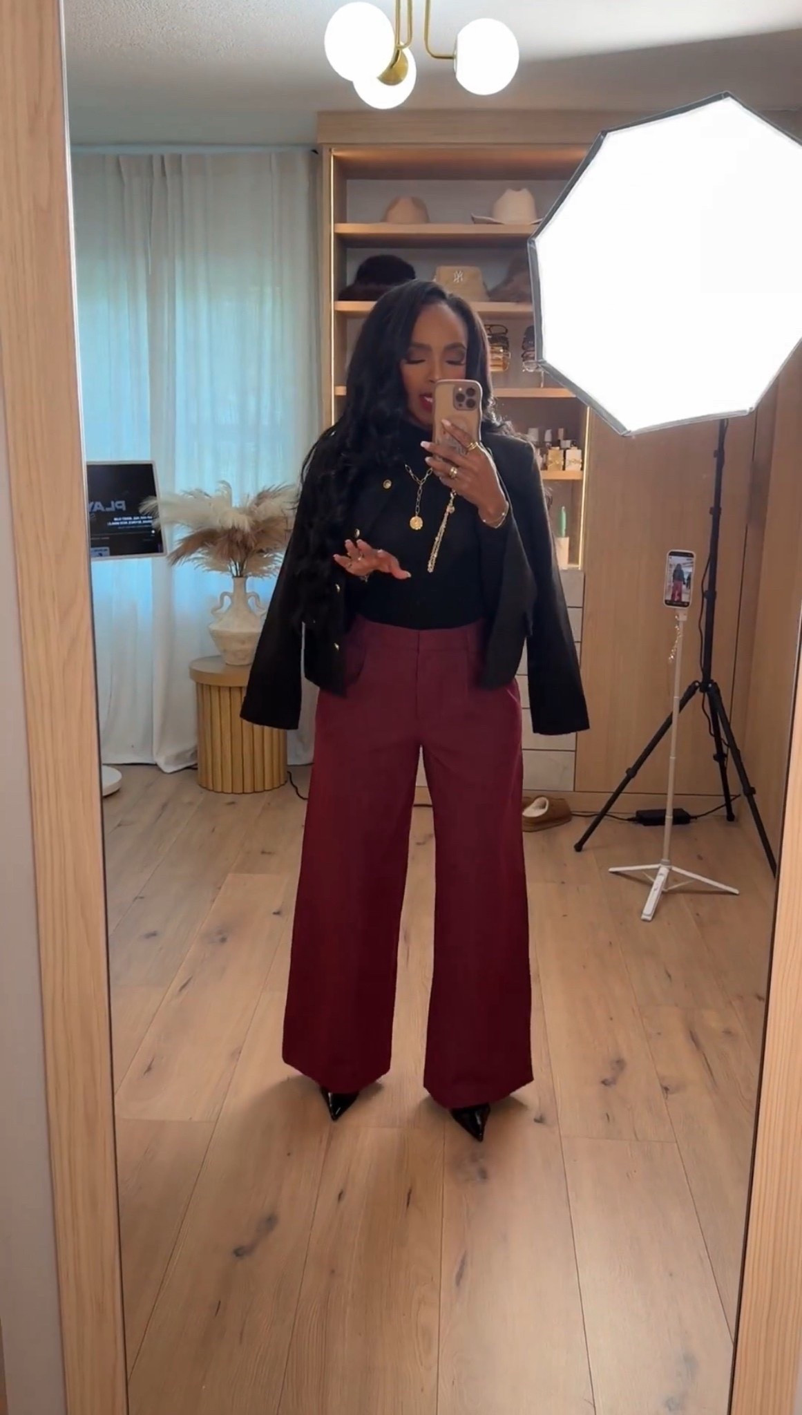 Bold, polished, and so easy to style — these wide-leg burgundy trousers instantly elevate a simple black base. The structured blazer adds that refined layer that makes the entire look feel effortlessly chic and put-together.

Perfect for holiday dinners, office events, and winter nights out.

📏 Sizing:
Top (Small) • Blazer (Small) • Pants (27 Long)
Height — 5’4” | 138 lbs | Bust — 34D | Waist — 27” | Hips — 40”

chic winter outfit ideas, elevated trouser looks, wide-leg pant styling, polished holiday outfit inspiration, black and burgundy outfit pairing, refined everyday fashion

✨ Everything linked below for easy shopping

Follow me on Instagram and YouTube @kirasfashionfinds

#LTKHoliday #LTKootd #LTKPetite