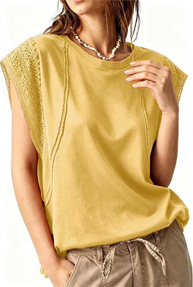 Ynhonra Womens Boho Lace Cap Sleeve Top Casual Loose Summer Floral Eyelet | Amazon (US)