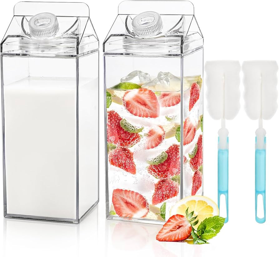 Bekith 2 Pack 64 Oz Large Milk Carton Water Bottle, Clear Plastic Milk Bottle with Cleaning Brush... | Amazon (US)