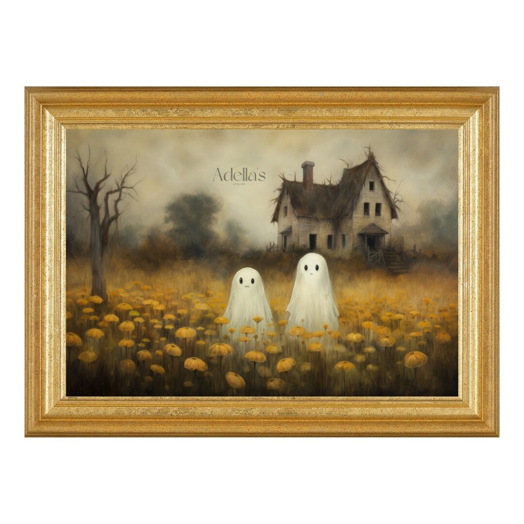 Cute Ghosts in Fall Meadow W/ Haunted House Vintage Digital - Etsy | Etsy (US)