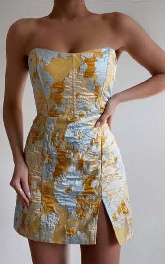 Brailey Mini Dress - Strapless Dress in Blue Jacquard | Showpo (ANZ)