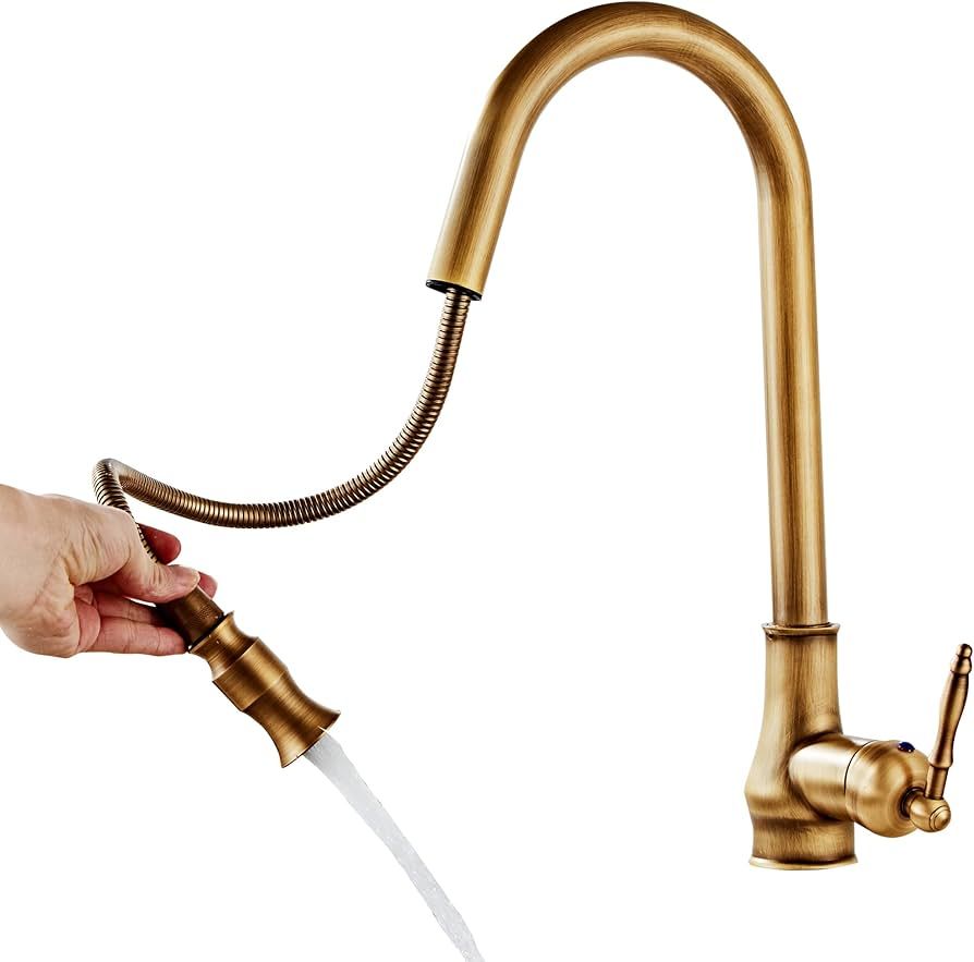 Vintage Brass Antique Bronze Kitchen Faucet,Single Hole Copper Widespread Mixer Taps with Pull Do... | Amazon (US)