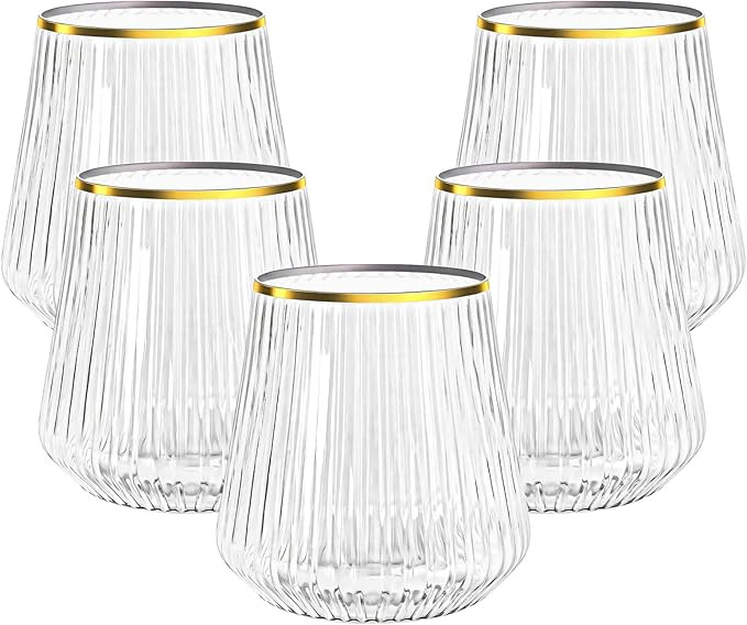 N9R 24 Count 12oz Clear Plastic Wine Cups with Gold Rim - Elegant Origami Ripple Design, Shatterp... | Amazon (US)