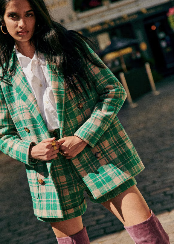 Michele Jacket - Green beige check print - Wool - Sézane | Sezane Paris