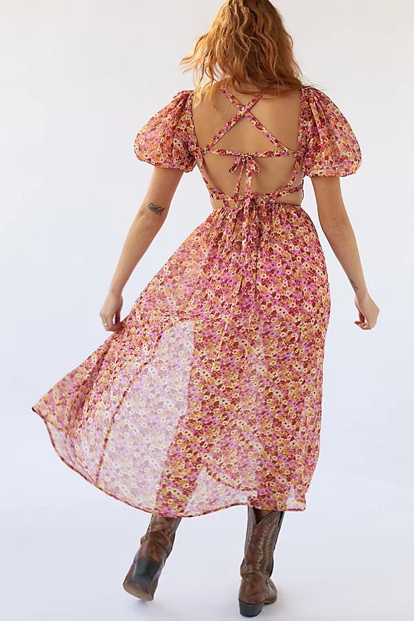 For Love & Lemons Felicia Silk Floral Midi Dress | Urban Outfitters (US and RoW)