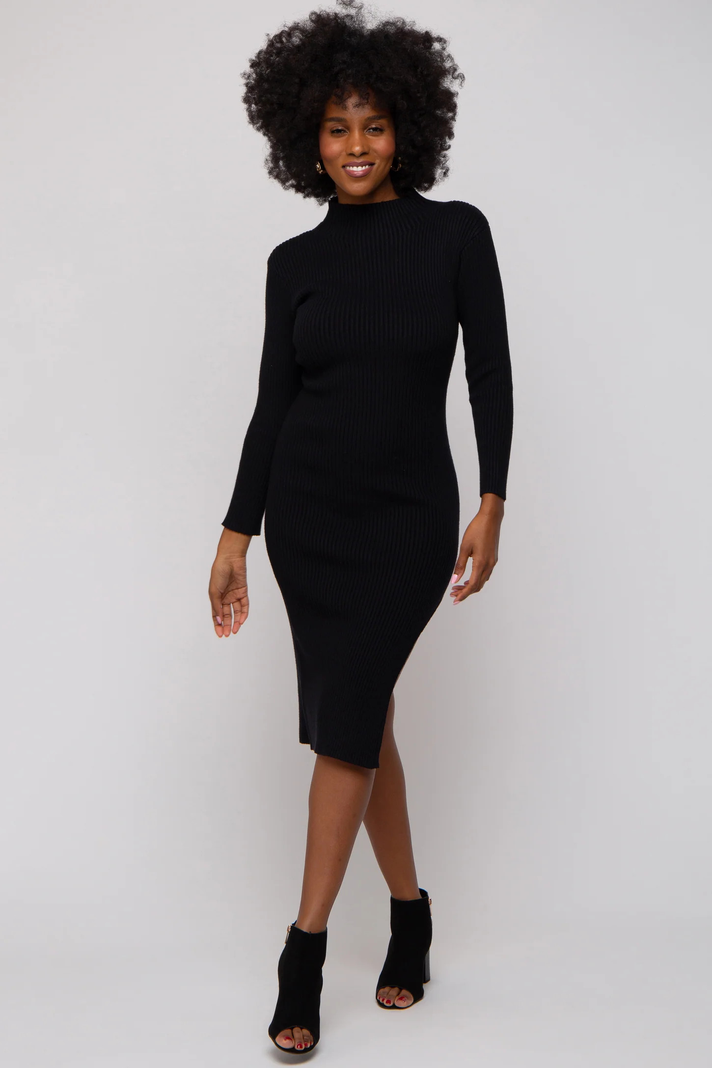 Black Ribbed Mock Neck Side Slit Midi Dress | PinkBlush Maternity