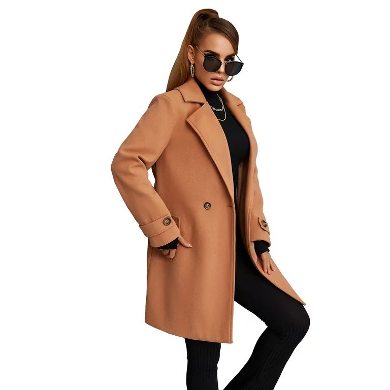 Eilly Bazar Camel Woolen Coat for Women Loose Double Breasted Long Sleeve Female Mid Length Trenc... | Walmart (US)