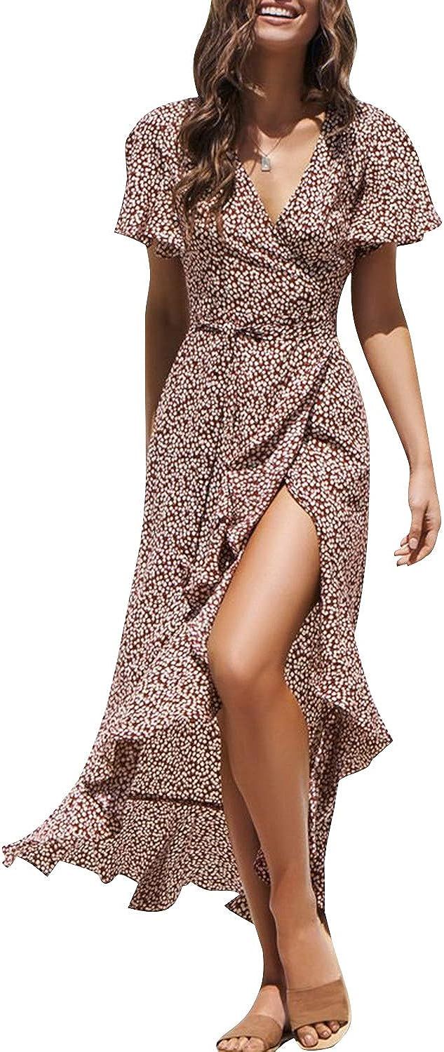 Miessial Women's Summer Chiffon V Neck Ruffle Maxi Dress Polka Dot Long Beach Wrap Dress | Amazon (US)