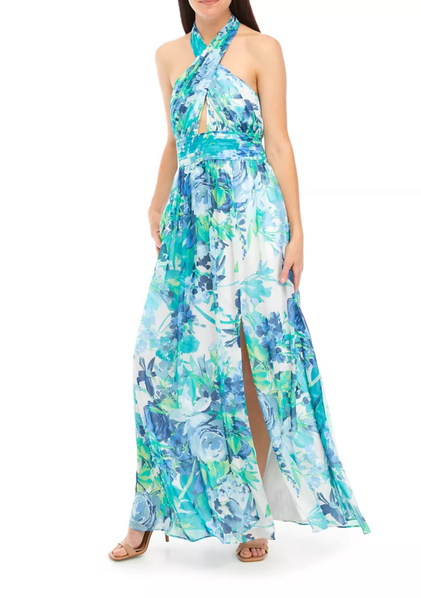 Halter Neck A-Line Gown with Bodice Cutout & Skirt Slit | Belk