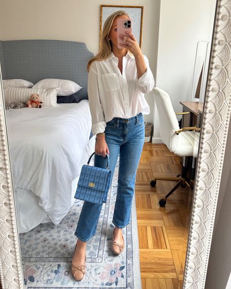 Classic and polished button down and spring jeans! Everything runs true to size. In both the petite sizes of the shirt and the jeans, for length! 🤍 #classicstyle #buttondown #JcrewFactory #Talbots #balletflats 

#LTKsalealert #LTKworkwear #LTKSeasonal