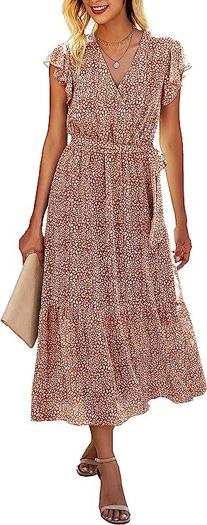 BTFBM Women Summer Bohemian Floral Casual Wrap V Neck Ruffle Cap Sleeveless Belt A-Line Pleated H... | Amazon (US)