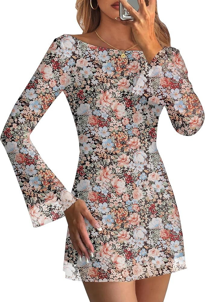 Caracilia Womens Bell Long Sleeve Mini Dresses Boat Neck Mesh Party Floral Date Night Short Dress... | Amazon (US)