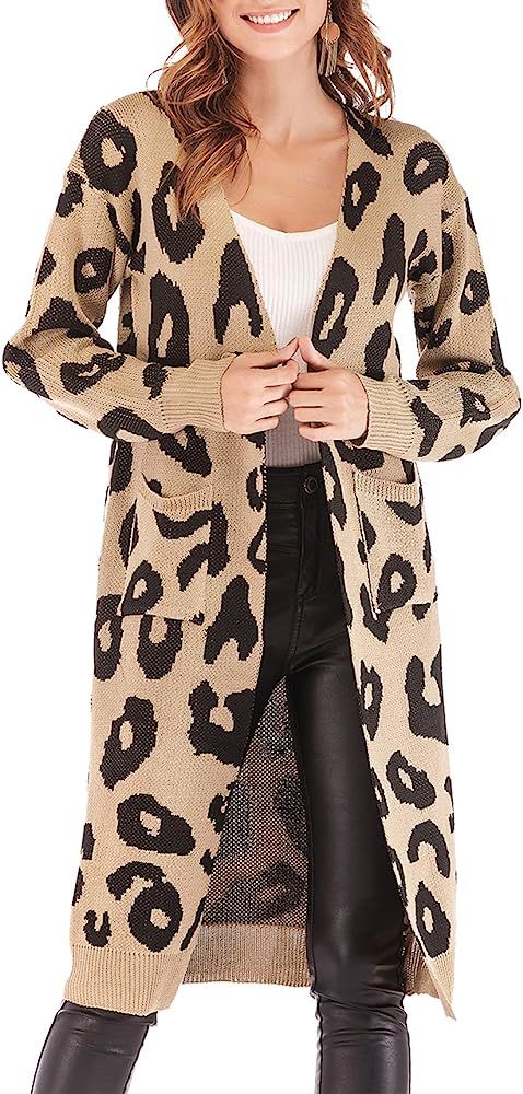 Women Long Sleeve Open Front Leopard Knit Long Cardigan Casual Print Knitted Maxi Sweater Coat Ou... | Amazon (US)