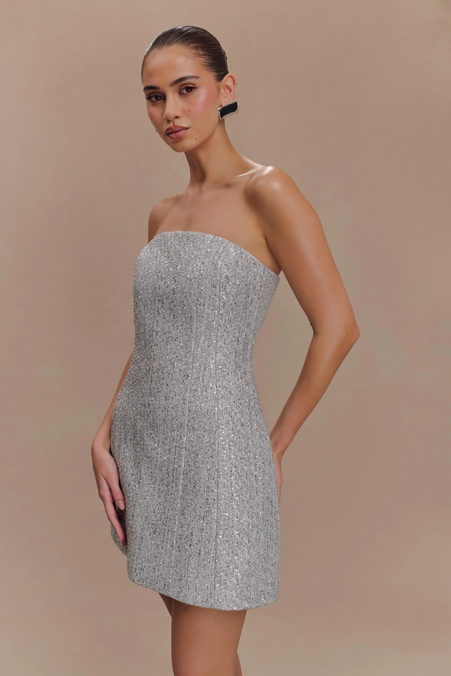 Gala Strapless Tweed Mini Dress - Silver | MESHKI US