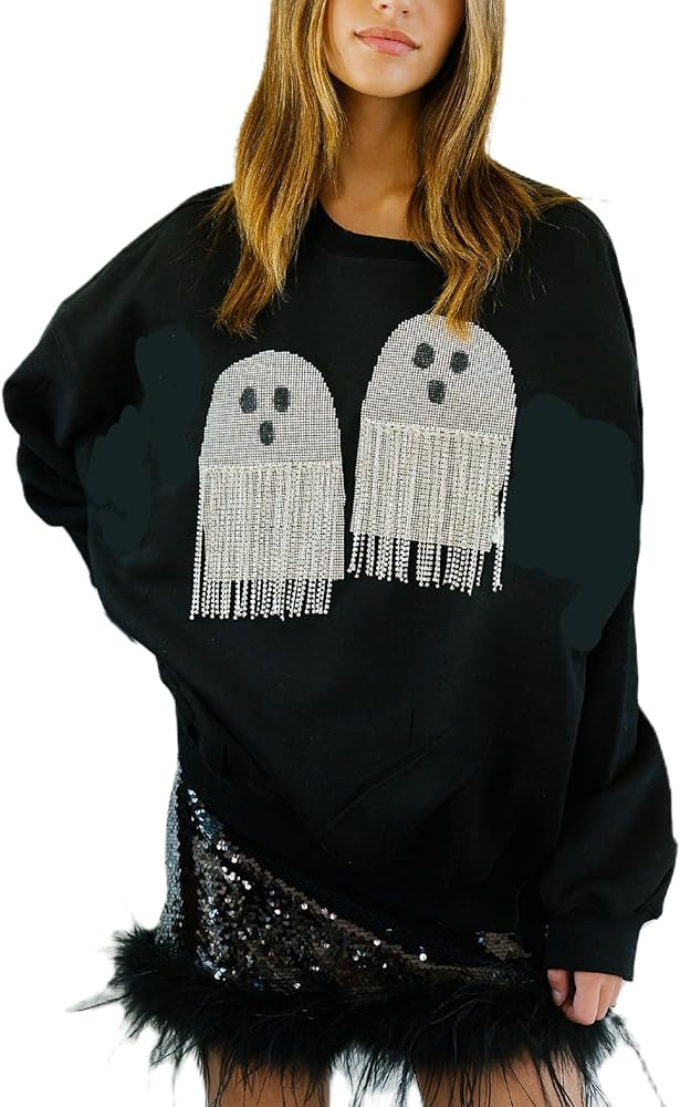 Faretumiya Sequin Pumpkin Sweatshirt Women Glitter Ghost Long Sleeve Crewneck Sweater Oversized H... | Amazon (US)