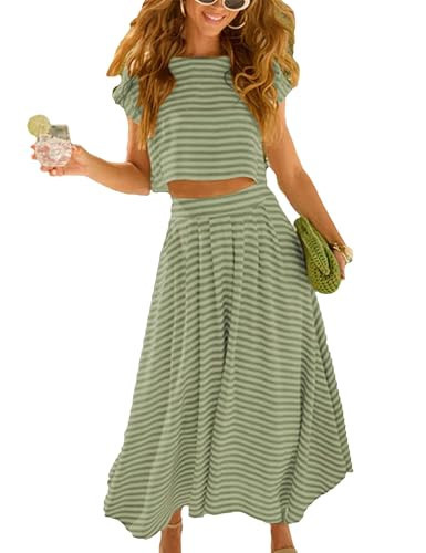 Zontroldy Women's Summer 2 Piece Outfits Striped Skirt Sets Cap Sleeve Crop Top Midi Dress Matching Travel Outfits(1535-ArmyGreen-S) | Amazon (US)