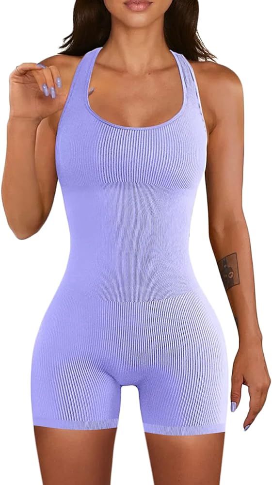 QINSEN Womens Halter One Piece Workout Rompers Ribbed Seamless GMY Yoga Backless Short Jumpsuit | Amazon (US)