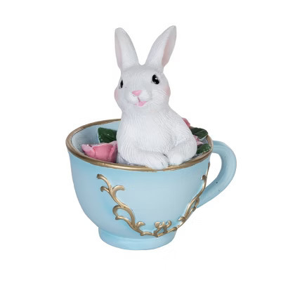 Gallerie II White Easter Bunny Blue Tea Cup Decorative Small Figurine 4" | Target