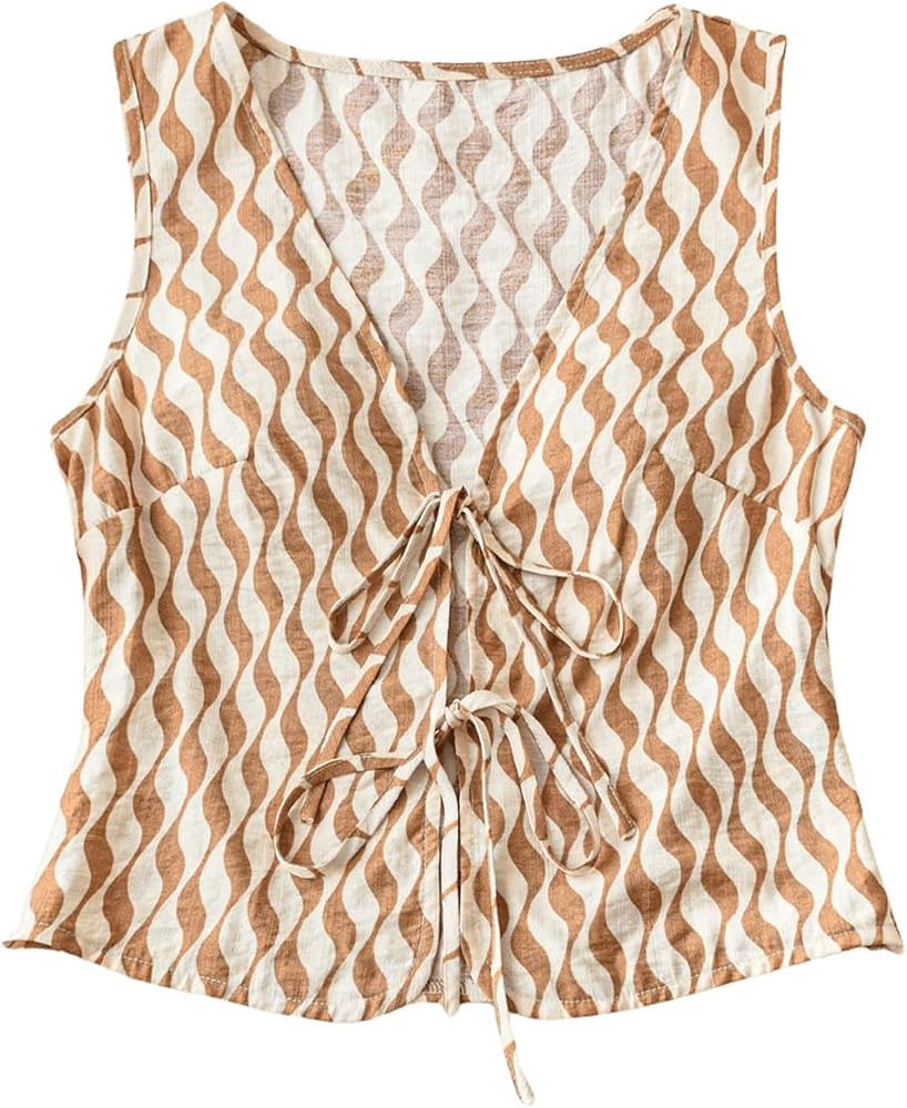 Verdusa Women's Bow Tie Knot Front V Neck Wave Print Sleeveless Crop Top Boho Vest | Amazon (US)