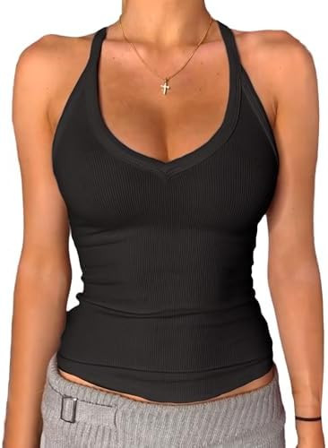 Danysu V Neck Racer Back Tank Top for Women Padded Ribbed Long Tank Fitted Basic Cami Tops | Amazon (US)