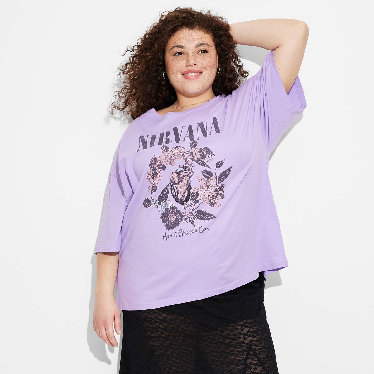 Women's Nirvana Heart Shaped Box Oversized Short Sleeve Graphic T-Shirt - Purple 1X | Target