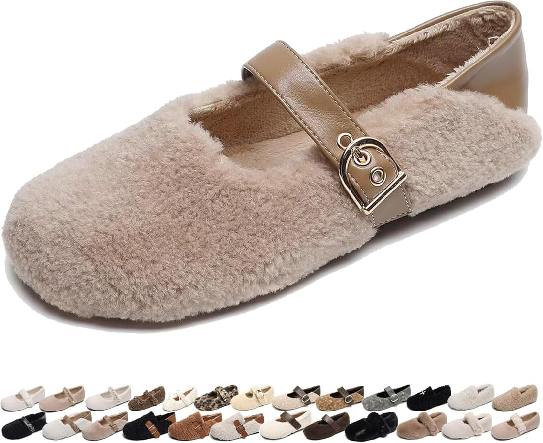 Women's Slip On Fuzzy Mary Jane Flats Comfy Faux Shearling for Winter Warm Artificial Lamb Wool I... | Amazon (US)