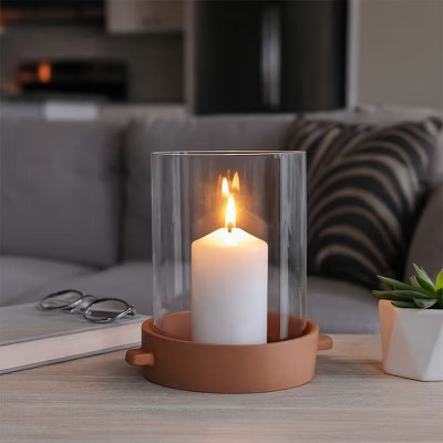 Glass Hurricane Candle Holder with Terracotta Base - Decorative Pillar Candlestick Holder for Dining Table Centerpiece or Shelf Display - 10", Brown | Target