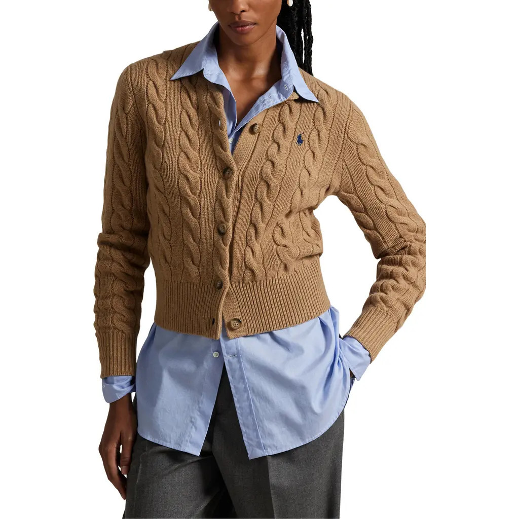Polo Ralph Lauren Cable Knit Wool & Cashmere Cardigan in Collection Camel Melange at Nordstrom, Size Xx-Large | Nordstrom