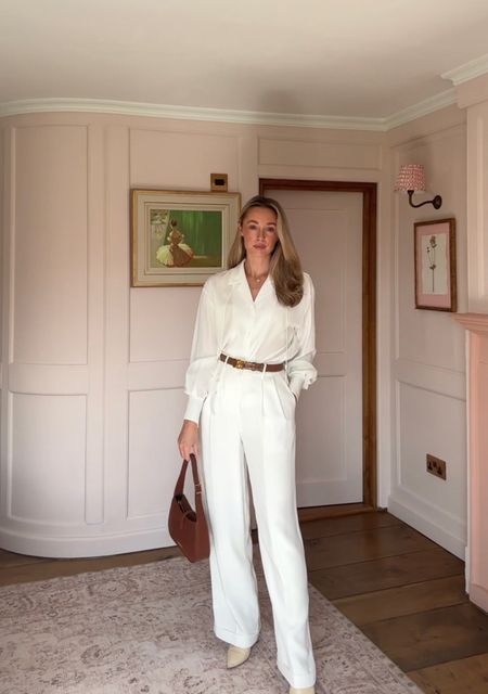 An all white silk outfit styled with tan leather accessories

#LTKeurope #LTKSeasonal