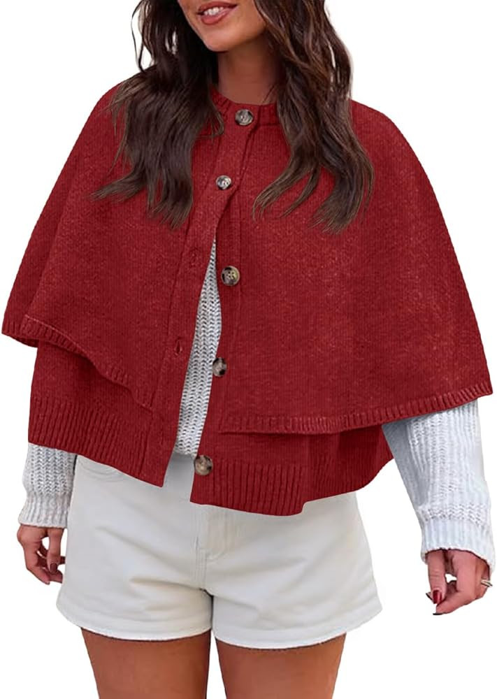 Saodimallsu Womens Cropped Cape Cardigan Button Up Crew Neck Jacket Shawl Fall Trendy Knit Sweate... | Amazon (US)