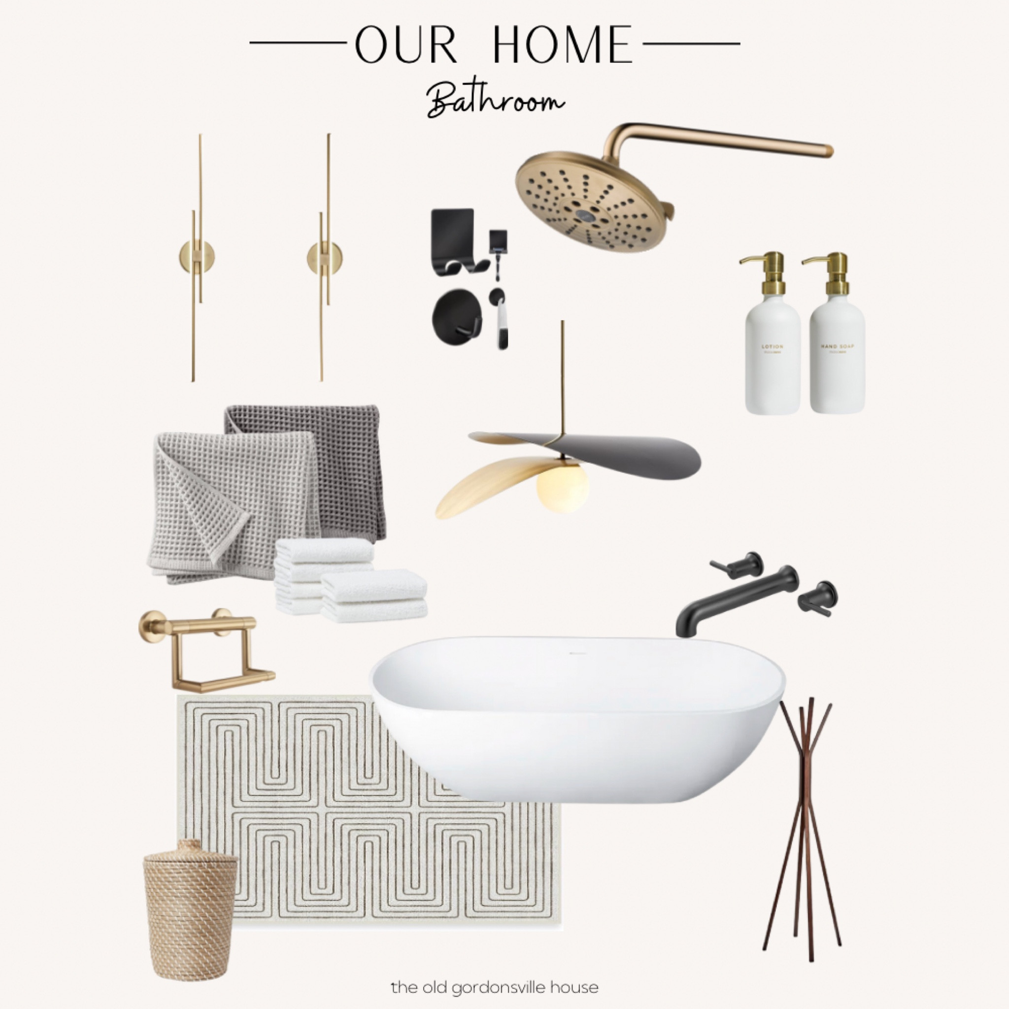 Primary bathroom, bathroom inspo, bathroom design, master bathroom, free standing tub, towel rack, brass light, brass chandelier, rug, bath towels, soap dispenser, wall sconce 

#LTKsalealert #LTKhome #LTKfindsunder50