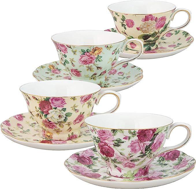 Gracie China by Coastline Imports Rose Chintz 8-Ounce Porcelain Tea Cup and Saucer, 4 Count (Pack... | Amazon (US)