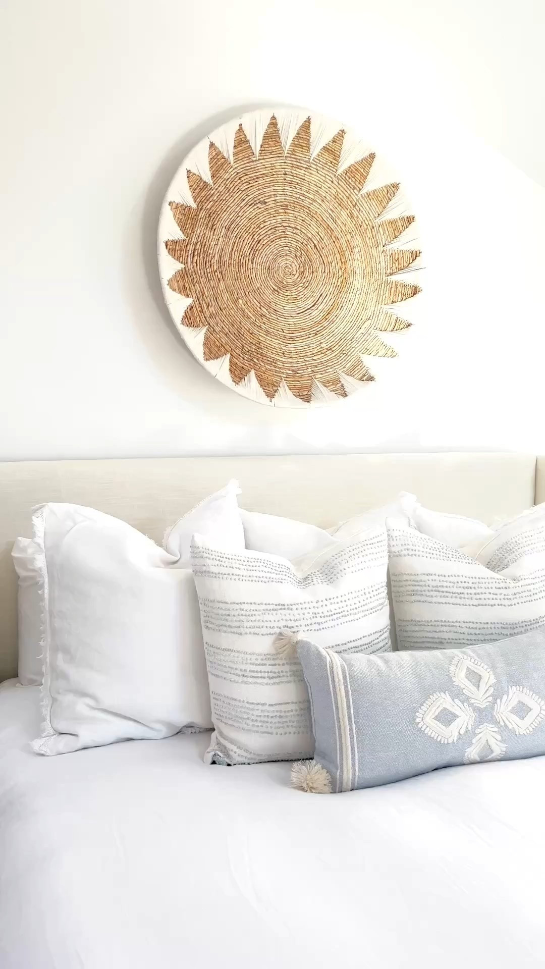 I love using woven wall baskets in place of framed artwork, particularly when there's a large wall to fill as it's less expensive than most pieces of large art. This one in my primary bedroom can also be purchased as a set!
------
coastal bedroom decor, primary bedroom decor, coastal artwork, coastal boho art, art for above bed, wall decor for above bed, pottery barn wall baskets, bed pillows, bed pillow styling, amazon pillow covers, serena & lily pillow covers, blue & white pillow covers, white duvet covers, pottery barn duvet covers, linen duvet covers, coastal bedding, primary bedroom bedding, master bedroom decor, coastal bedroom ideas, upholstered bed, wayfair beds, king size beds, lumbar pillow, linen pillow covers

#LTKHome