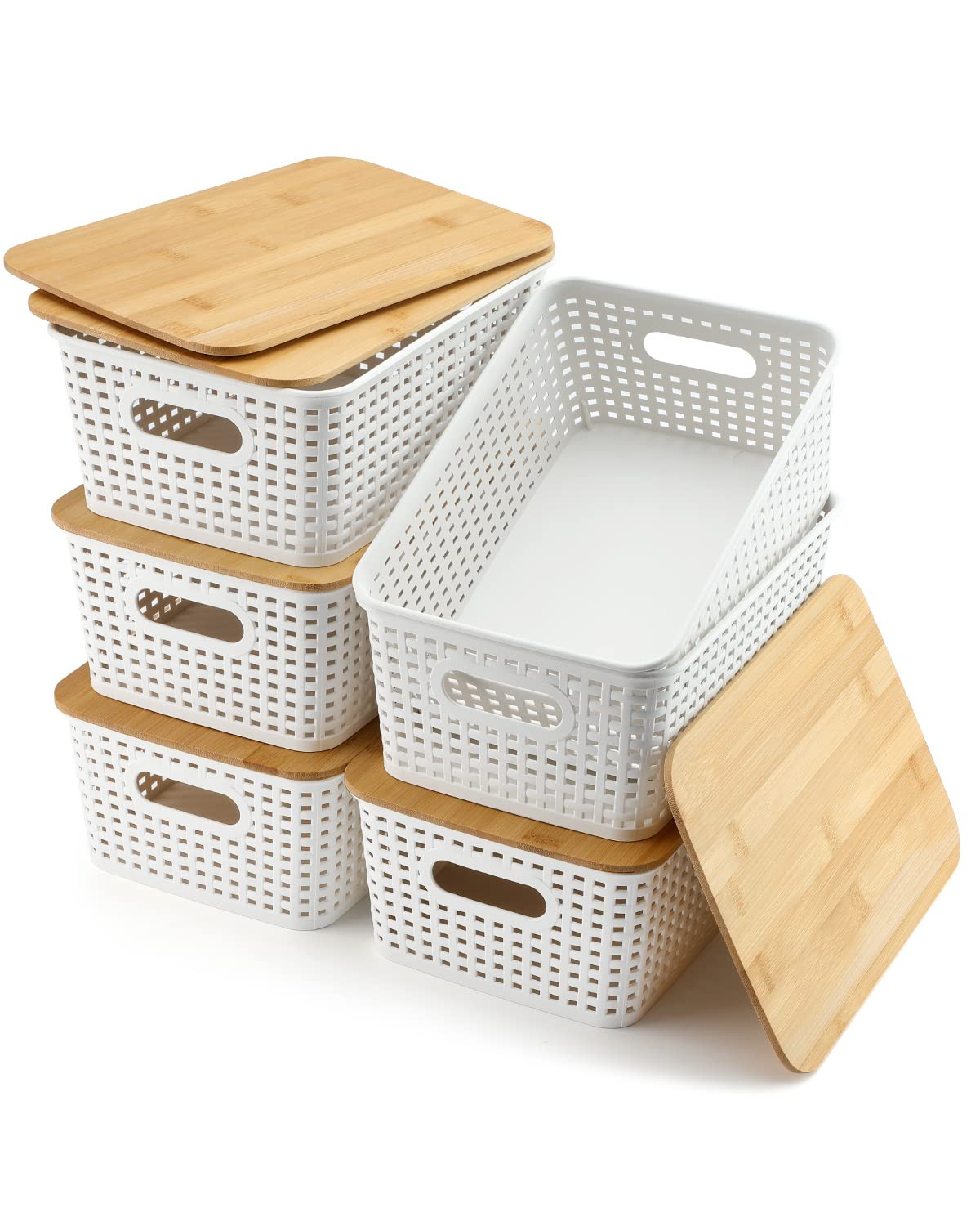 Storage Bins with Lids 6 Packs, Plastic Storage Bins with Bamboo Lids for Pantry Organization and... | Amazon (US)