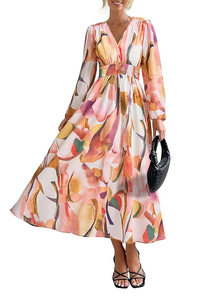 PRETTYGARDEN Women's Floral Midi Dress Casual Fall V Neck Long Sleeve Flowy Spring Beach Wedding ... | Amazon (US)