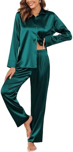 Ekouaer Women Satin Silk Pajamas Classic Long Sleeve Button Down Pjs Set Soft Loungewear | Amazon (US)