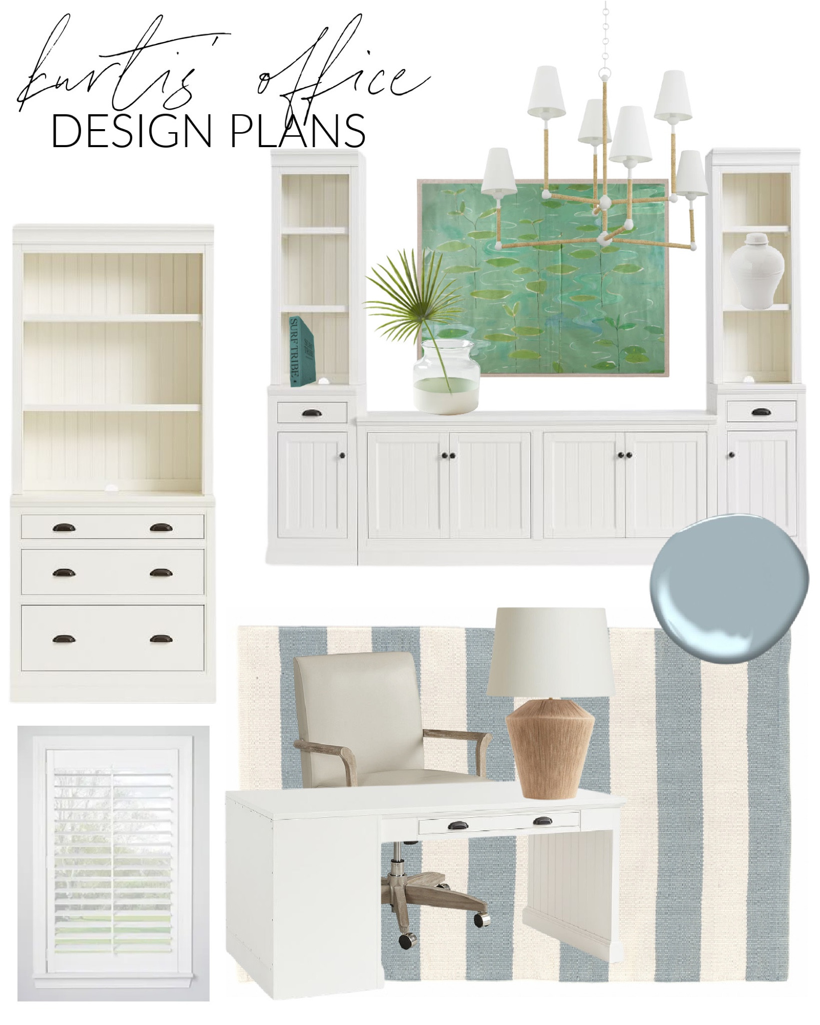Tentative design plans for Kurtis’ coastal home office! Includes a white cabinet, white peninsula desk, blue striped rug, white and rattan chandelier, colorful art, and a seagrass lamp! See more design plans here: https://lifeonvirginiastreet.com/additional-coastal-design-boards-for-the-new-build/
.
#ltkhome #ltksalealert #ltkseasonal #ltkstyletip #ltkunder50 #ltkunder100 #ltkfind

#LTKhome #LTKSeasonal #LTKsalealert
