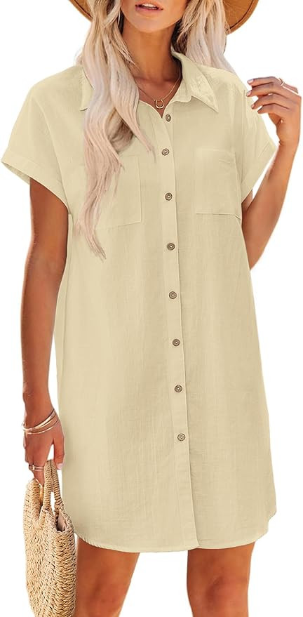 Zeagoo Womens Button Down Shirt Dress Summer Cotton Linen Dress V-Neck Mini Dress Casual Short Sl... | Amazon (US)