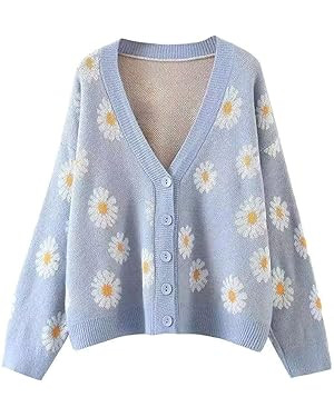 Hyipels Women's Long Sleeve Cardigan Sweater,Cute Y2K Top Knit Colorful Patterned V Neck Button O... | Amazon (US)