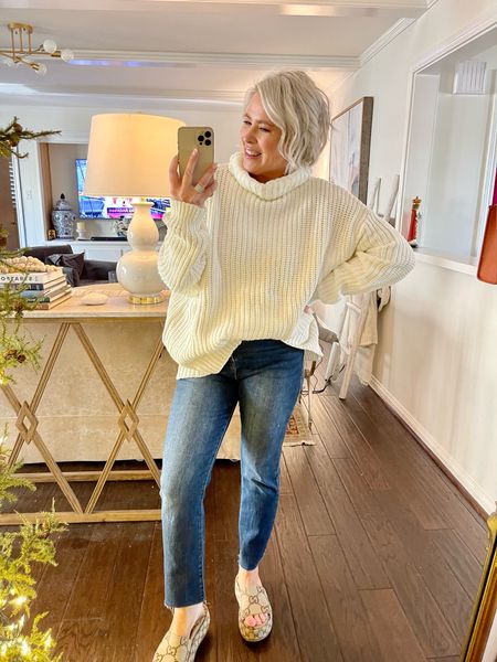Knit sweater, chunky knit sweater, Gucci shoes, straight leg denim, fall outfits 

Code WANDA10
Jeans - size down 2 sizes 
Sweater is big, size down 

#LTKSeasonal #LTKHoliday #LTKunder100