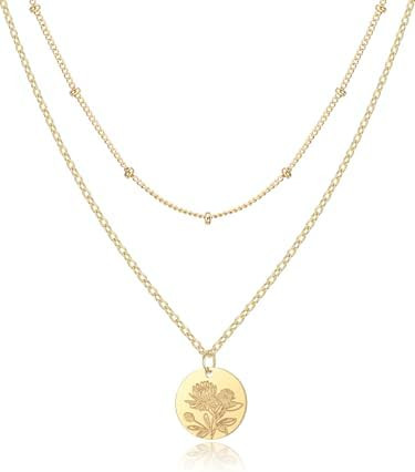 Birth Flower Necklace,14K Gold Plated Layered Necklaces for Women, Birth Month Flower Coin Pendan... | Amazon (US)