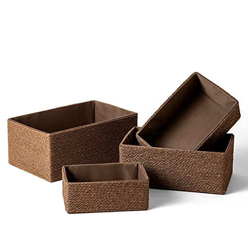 Paper Rope Woven Storage Basket Set of 4 with Fabric Liner, Stackable Multipurpose Organizer Bin, Brown | Amazon (US)