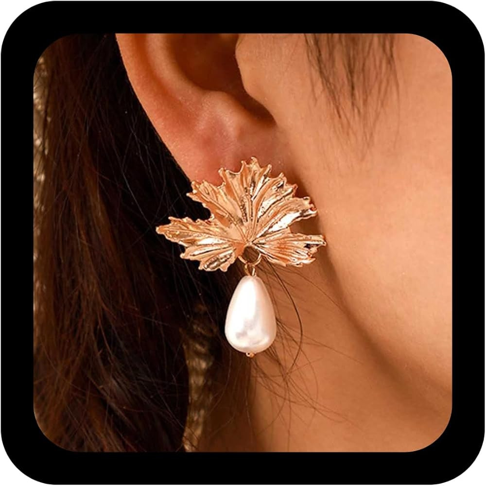 Andelaisi Boho Teardrop Pearl Dangle Drop Earrings Gold Leaf Studs Earrings Vintage Oval Pearl Da... | Amazon (US)
