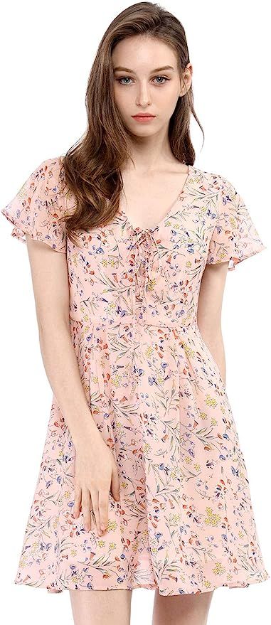 Allegra K Women's Floral Flouncing Sleeve A-line Lace-up V-Neck Chiffon Dress | Amazon (US)