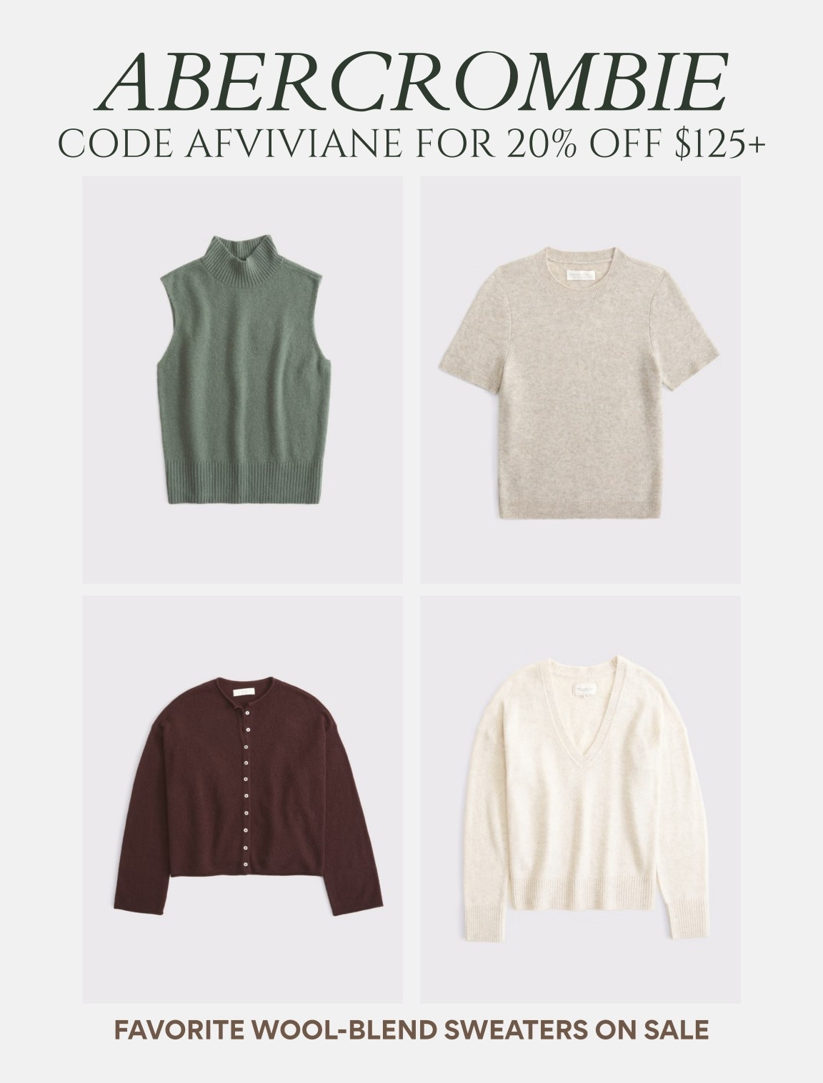 [2/16/26] final day to use my code AFVIVIANE for 20% off orders of $125+. Favvvv wool blend sweaters are on sale, great color selection in stock!

[use code AFVIVIANE to get 20% off $125+* in stores and online at checkout from 2/12/26-2/16/26 in US/CA. Exclusions apply. Discount applied to subtotal before tax and shipping/handling at checkout. See details online.]

#LTKSaleAlert #LTKSeasonal #LTKPetite