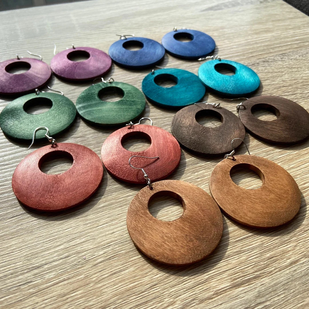 Wooden Earrings / 3 sizes / Colorful Wood Earrings / Hypoallergenic / Gift Box Included | Etsy (US)