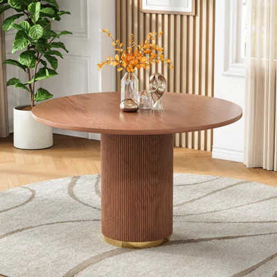 Wooden Round Dining Table For 2-4 People, Column Roman Column Groove Base With Gold Stainless Steel Accent | Wayfair North America