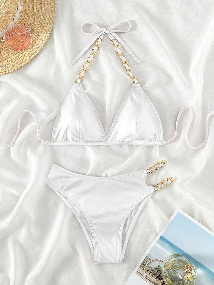 Chain Linked Halter Triangle Bikini Swimsuit | SHEIN