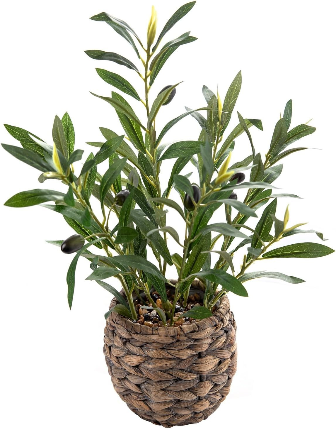 17.7" Small Boho Artificial Olive Plant, Faux Greenery in Brown Handwoven Rattan Basket, Ideal for Office Desk Kitchen Shelf Home Decor | Amazon (US)