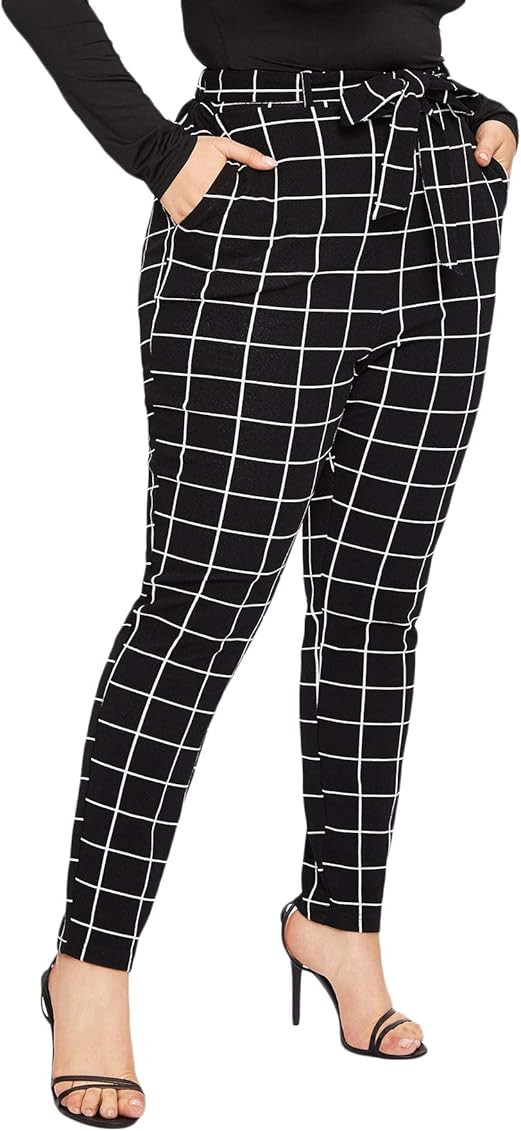 Floerns Women's Plus Size Plaid Pants Leggings Stretchy Elastic Waist Work Skinny Pants | Amazon (US)